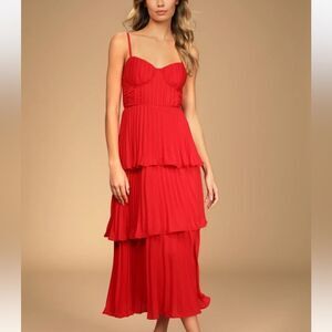 Lulus Cascading Crush Red Tiered Bustier Midi Dress Small Red NWT‎ in packaging